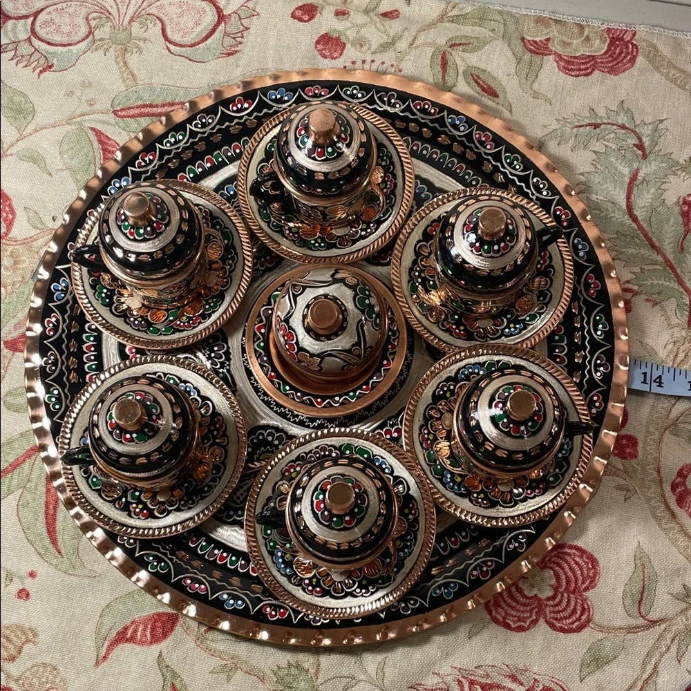 Handcrafted Copper Turkish Ceramic Coffee and Expresso Set with Tray